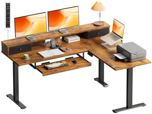 OffiGo 59 Inch L Shaped Electric Standing Desk with Drawers, Rustic Brown by OfficeGo-ForHomeOfficeWork
