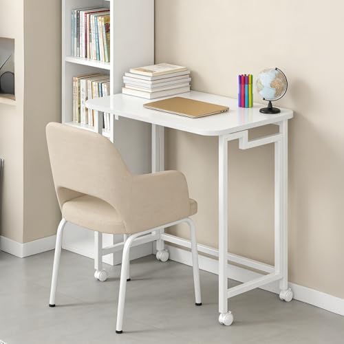 JSB Folding Desk for Small Spaces,Mobile Portable Rolling Laptop PC Table on Wheels,Foldable Computer Desk for Home Office,Bedroom,Dorm,Space Saving (All White, 23.6") - Image 3