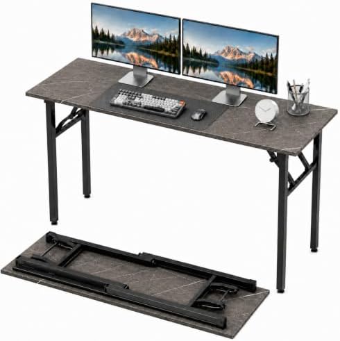 Folding Table Computer Desk - 55.1" No Assembly Folding Desk Design and Foldable Office Desk, Small Desk for Bedroom, Compact Storage Portable Use for Dorm and RV Small Space, Marble Greige by HMFOR