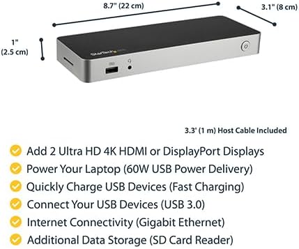 StarTech USB-C Dual HDMI & DisplayPort Dock, 60W, SD Slot, USB-A 3.0, Audio - Image 4