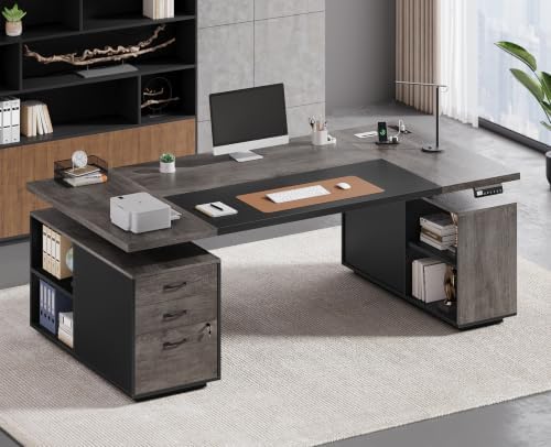 71" Electric Standing Desk with Drawers, Electric Height Adjustable Executive Desk with Lockable File Cabinet, Home Office Desk, Open Storage Compartments, Built-in Power Outlet, Relief Gray+Black by Unknown