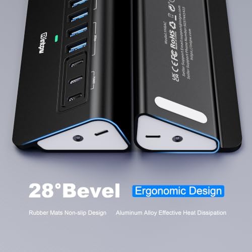 Powered USB Hub 10Gbps, intpw YH6AC 9-Port USB HUB with USB A/USB C 3.2, 4 USB 3.0, 2 PD 45W Charging Port, 65W Power Adapter + 5FT Cable, Aluminum USB Hub for Laptop, PC,iPhone 17/16 - Image 6