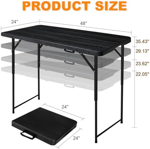 4ft Folding Table, Portable Fold-in-Half Adjustable Height Utility Table for Indoor/Outdoor Use, Durable HDPE & Steel, Stable & Lightweight, Multi-Purpose, Black Woodgrain - Image 2