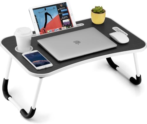 FISYOD Foldable Laptop Table, Portable Lap Desk Bed Table Tray, Laptop Stand with Cup Holder & Tablet Slot & Lifting Handle for Working Writing Drawing & Eating (Black) by FISYOD