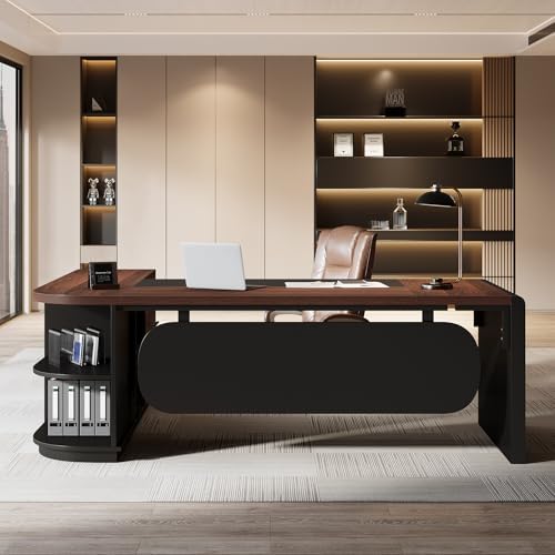 Tribesigns 81'' L-Shaped Executive Desk, Large Modern Office Desk with Drawers and File Cabinet for Home or Business Workspace, Computer Desk with Storage Shelves, Walnut & Black - Image 4