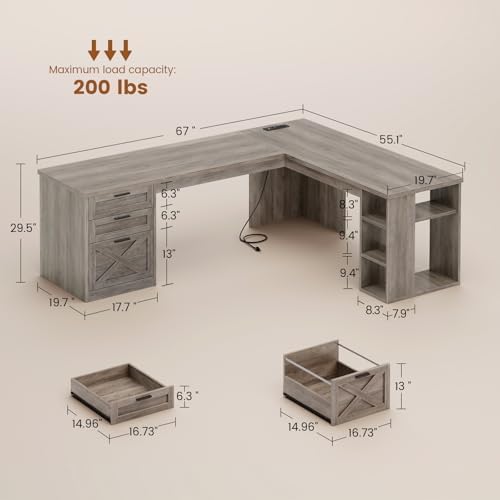 SEDETA 67" Farmhouse Executive L Shaped Desk with 3 Drawers - Image 2