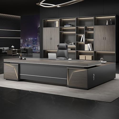 Executive Office Desk with Storage Cabinet,Modern l Shaped Executive Desk,50MM Thick Desktop for CEO Office, Reception & Commercial Workspace by Unknown