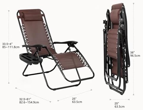 Nazhura Set of 2 Relaxing Recliners Patio Chairs Adjustable Steel Mesh Zero Gravity Lounge Chair Beach Chairs with Pillow and Cup Holder Khaki (Brown) - Image 3