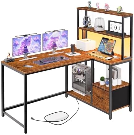 HOOBRO L Shaped Gaming Desk, 46 Inch Reversible Computer Desk with LED Light & Power Outlet, Office Desk with Storage Shelves & Drawer, for Home Office, Study, Rustic Brown and Black BF18UDDN01 by HOOBRO