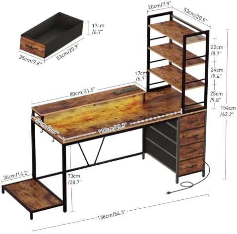 RALGEND Gaming Desk with Shelves and Storage, Computer Desk, Rustic Brown - Image 3