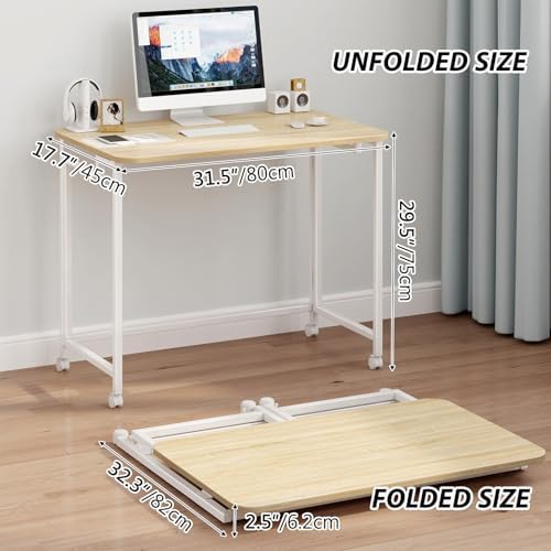 JSB Folding Desk for Small Spaces,Mobile Portable Rolling Laptop PC Table on Wheels,Foldable Computer Desk for Home Office,Bedroom,Dorm,Space Saving (Natural & White, 31.5") - Image 2