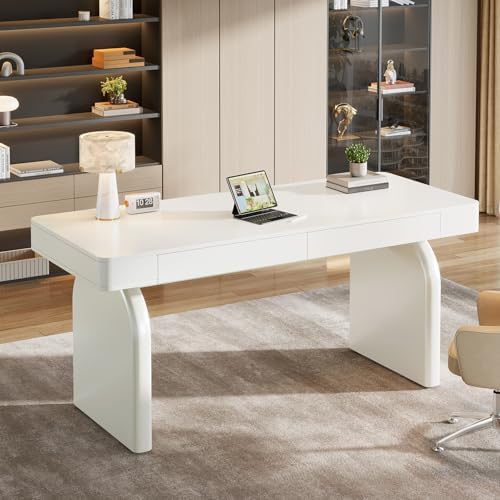 Tribesigns White Desk with Drawers, 63-Inch Modern Executive Office Desk, Glossy Elegant Work Study Writing Table for Home Office, Cream White - Image 3