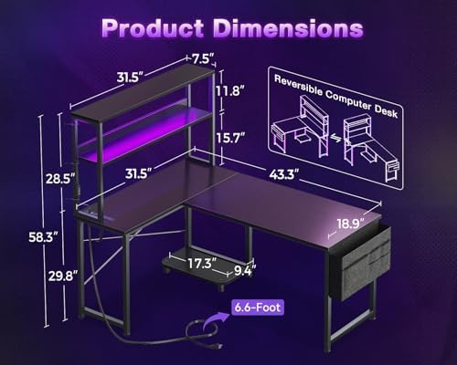 ODK 43" L Shaped Gaming Desk with Shelves, LED & Outlets, Black - Image 3