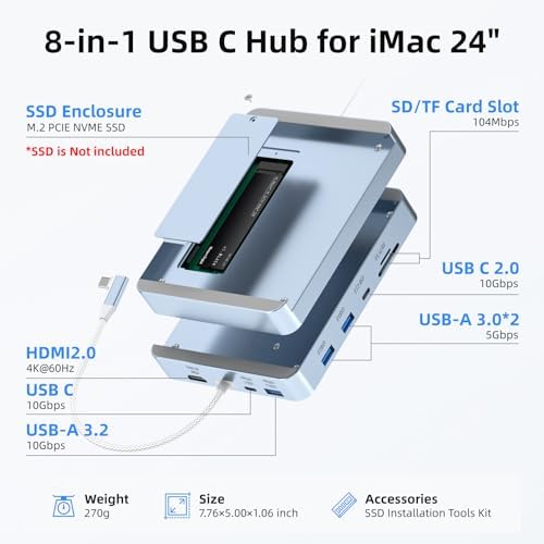 USB C Hub for iMac 24 inch 2021/2023/2024, 8 in 1 iMac USB Hub with M.2 SSD Expansion (SSD Not Included)，with USB A/C 3.2 10Gbps, SD/TF, HDMI iMacM1 M3 M4 Dock Accessories - Image 2