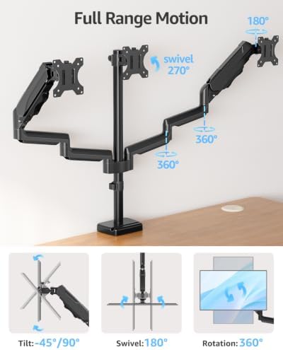 MOUNTUP Triple Monitor Stand Mount - 3 Monitors Desk Mount for Computer Screens Up to 27 inch, Triple Monitor Arm, Heavy Duty Monitors Stand, Each Arm Holds 4.4-19.8 lbs, Black - Image 4