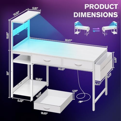 40 Inch Small Gaming Desk with Drawers & Led Lights & Storage Bag, White - Image 3