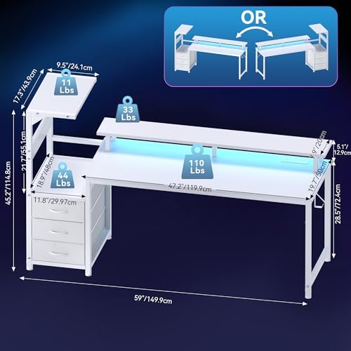 DUMOS 59” Reversible Gaming Computer Desk with Drawers and Power Outlet - Image 3