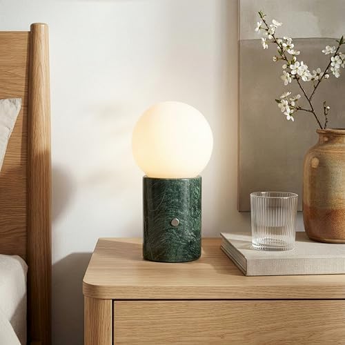 Brightech Kai LED Table Lamp - Bedside Reading Light with Unique Green Marble Base, Modern Desk Lamp, Nightstand Lamp with Ambient Lighting for Bedrooms, Living Room, Den - Modern Globe Lamp Shade by Brightech