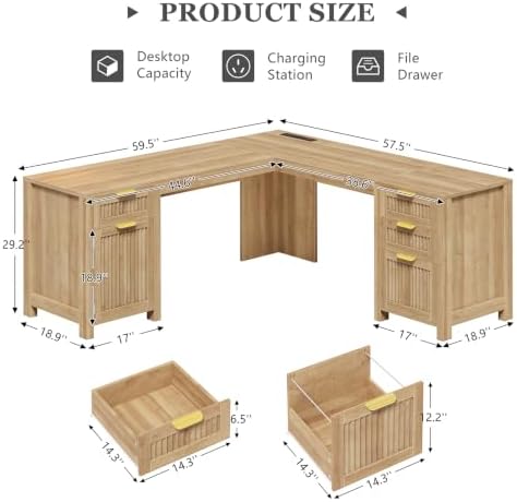 59" Fluted L Shaped Desk with Drawers & Storage Cabinet for Home Office - Image 2
