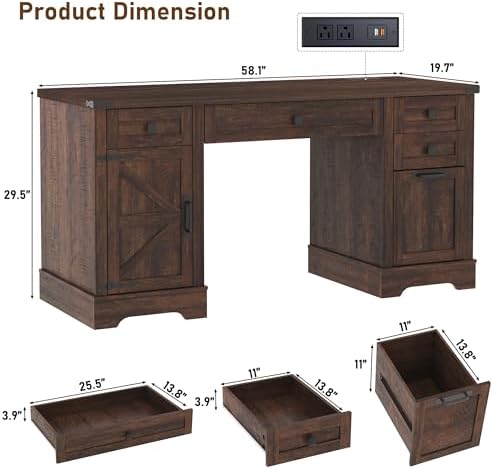 Squireewo 58'' Farmhouse Home Office Desk with Drawers, Wooden Executive Desk with Charging Station, File Drawers and Storage Cabinet, Computer Desk for Work, Study and Writing, Brown - Image 2