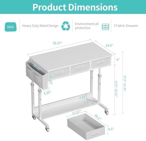 White Portable Rolling Computer Desk - 40 Inch Adjustable Mobile Standing Teacher Desks with 3 Fabric Drawers on Wheels, Couch Sofa Side Laptop Stand Up Table with Storage for Home Office, White - Image 3
