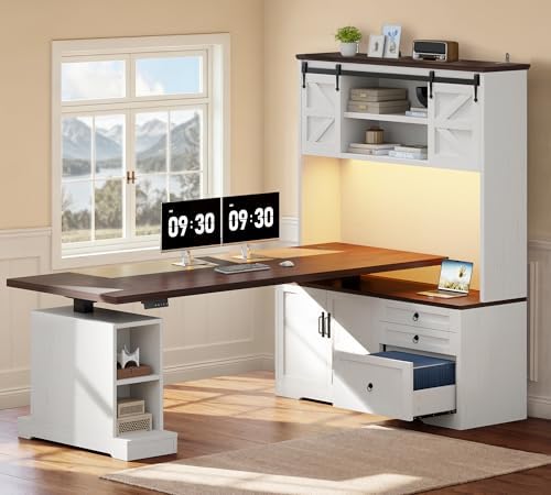 71" LED L Shaped Standing Desk with Hutch and Drawers White by Homiflex