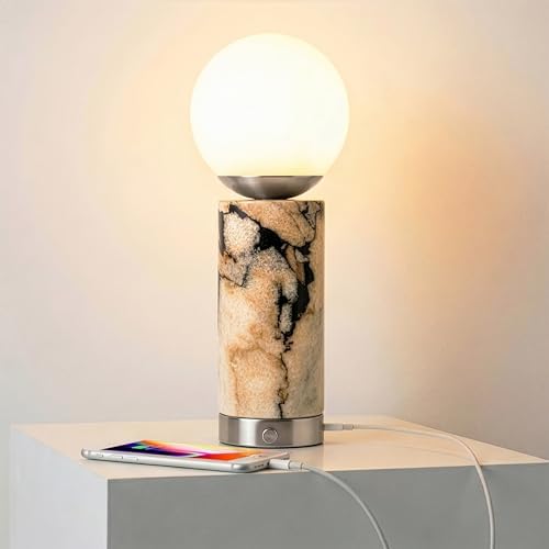 Brightech Aspen LED Table Lamp - USB Port Bedside Reading & Desk Lamp with Ambient Lighting - Marble Finish Globe Shade - Nickel by Brightech