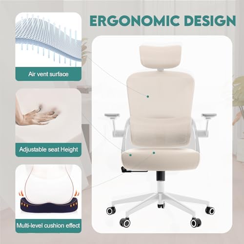 Monhey Ergonomic Office Chair, 90°-125° Tilt Back Home Desk Chair with 360° Swivel & Mute Wheels, High Back Mesh Computer Chair for Adults with Lumbar Support, 330 LBS Capacity (05Khaki) - Image 5