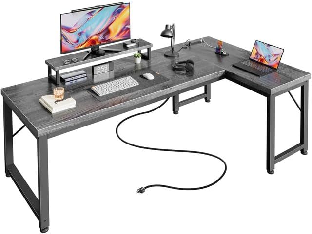 PRAISUN 61" L Shaped Computer Desk, Power Outlets, Monitor Stand, Grey by PRAISUN