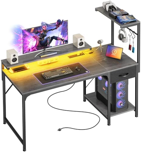 PRAISUN 47.2 Inch Gaming Desk with LED Lights & Power Outlets by PRAISUN