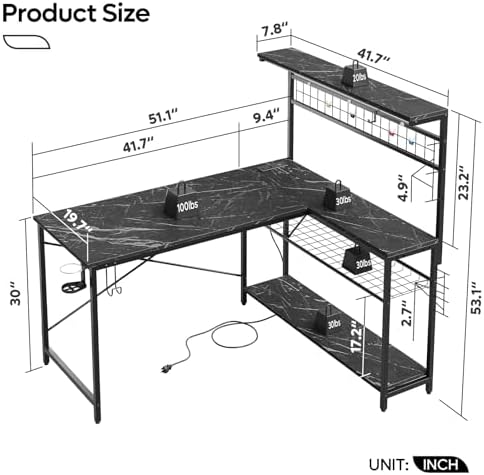 Bestier 51 Corner Computer Desk with Power Outlets LED Lights, Black Marble - Image 2