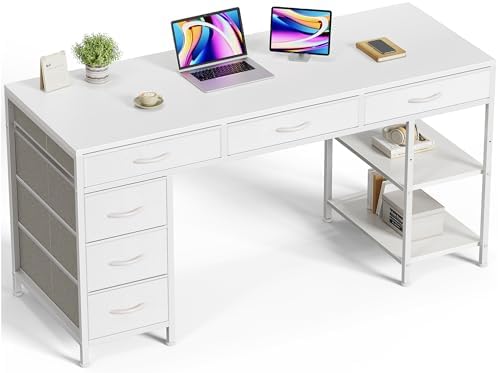 Huuger Computer Desk with 6 Drawers, Office Desk with Shelves, Reversible Gaming Desk, Corner Desk with Storage, Work for Home Office, Study, Living Room, 54inch, White by Huuger