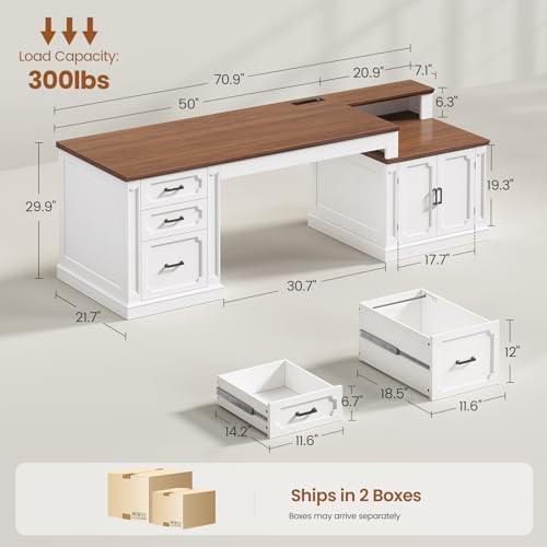 SEDETA Farmhouse 70.9" Executive Desk, Home Office Desk with File Drawers and Storage Cabinet, Computer Desk with Power Outlet for Home Office, Work Study Writing, White+Brown - Image 2