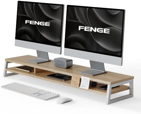 Fenge Dual Monitor Riser for Desk, Open Shelf with 3 Storage Compartments by Fenge