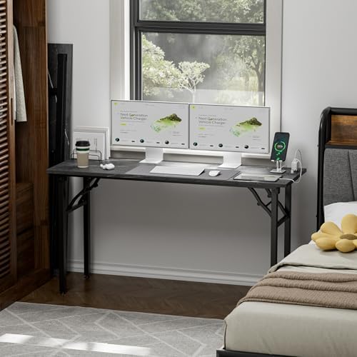TEMI Small Computer Desk Folding Table - No Assembly, Compact 55.1" Foldable Desk with Power Outlets & USB Charging Port, Portable Small Office Desk, Ideal Mini Study Table, Marble Greige - Image 2