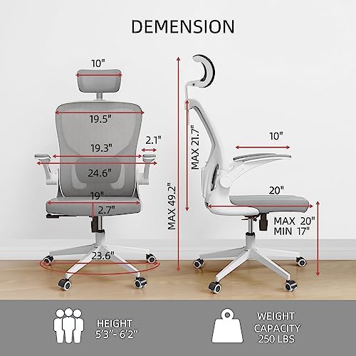 Monhey Office Chairs, Ergonomic Office Chair, Computer Chair with Adjustable Headrest, Lumbar Support, 2D Armrest, Metal Base and Iron Legs, White Frame Grey Mesh Office Chair - Image 2