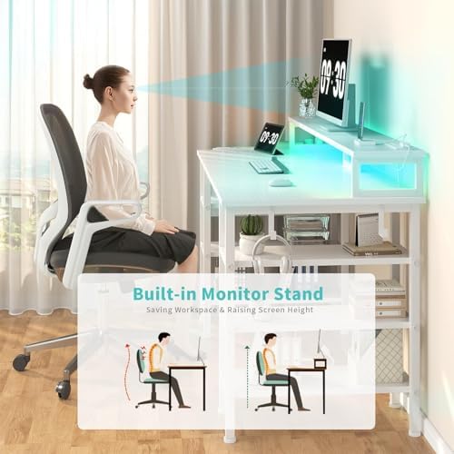 Lufeiya White Desk with Storage Shelves - 47 inch Home Office Gaming Desk with Monitor Stand, Computer Desk with LED Lights and Power Outlets, White - Image 6