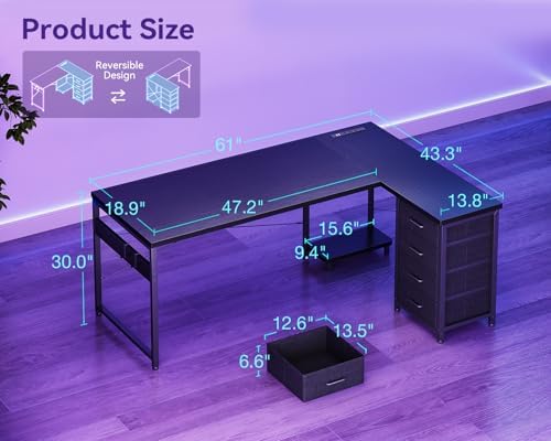AODK 61" L Shaped Gaming Desk with 4 Drawers and Power Outlets, Black - Image 3