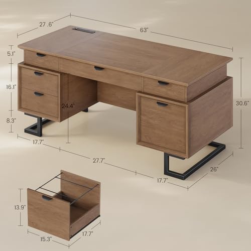 63" W x 27.6" D Executive Desk with 2 Cabinets & Power Outlet - Image 3
