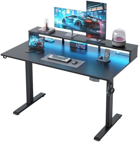 Klicelor Electric Standing Desk with Shelf, 55 Inch Height Adjustable Desk with Power Outlets & LED, Sit Stand Up Table with Monitor Stand, Computer Workstation for Home Office, Black by Klicelor