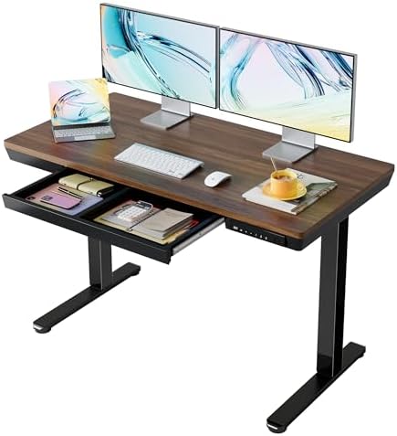 HUANUO Electric Standing Desk with Drawers, 48 X 24 Inch Electric Adjustable Height Desk, Quick Install One-Piece Tabletop with USB Charging Ports, Sit to Stand Up Desk for Home Office, Black Walnut by HUANUO