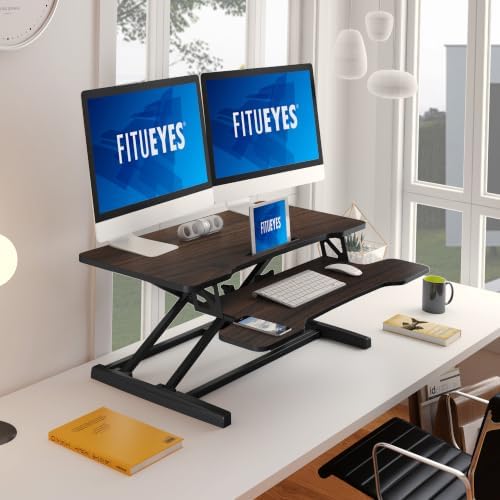 FITUEYES Height Adjustable Standing Desk 36” Wide Sit to Stand Converter Stand Up Desk Tabletop Workstation for Laptops Dual Monitor Riser Brown SD309102WE - Image 6