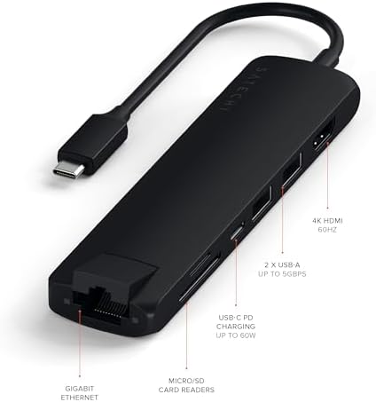Satechi USB C Hub Multiport Adapter with 4K HDMI, 60W USB C PD Charging, 2X USB-A, Ethernet, Micro/SD Card Readers, for MacBook, Windows - Black - Image 2