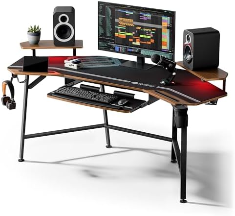 EUREKA ERGONOMIC Gaming Desk Wing Shaped Keyboard Tray 72 Inch Walnut by EUREKAERGONOMIC