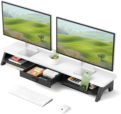 AFOOYO Dual Monitor Stand Riser,LED 2-Tier 39.3 Inch Computer Monitor Stand for 2 Monitors,Office Desktop Organizer with Storage Drawer and Phone Holder for Laptop,PC,Computer,Printer,White by AFOOYO