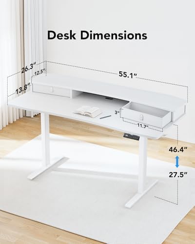 HUANUO 55″ x 26″ Electric Standing Desk with 2 Drawers, C-Clamp Mount Compatible, Height Adjustable Computer Desk, Home Office Stand Up Desk with 4 Preset Heights & 2 Hooks, White - Image 3