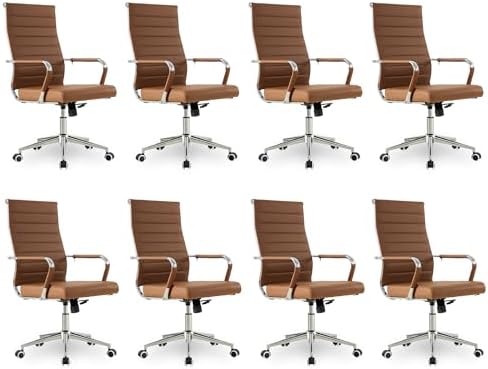 Okeysen Office Desk Chair, Ergonomic Leather Modern Conference Room Chairs, Executive Ribbed Height Adjustable Swivel Rolling Chair for Home Office Set of 8. (Brown) by Lepdep