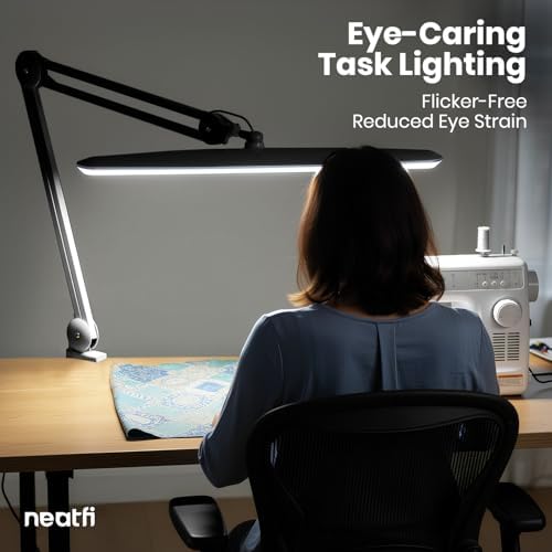 Neatfi XL 2,200 Lumens 24W LED Desk Lamp – 23” Wide Shade | Dimmable Eye-Caring Task Light | Adjustable Arm | Home Office, Study, Crafts & Nail Tech (Black, Non-CCT with Clamp) - Image 3