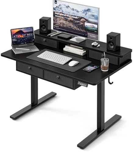 Grandder Electric Standing Desk with Four Drawers, Sit to Stand Up Height Adjustable Desk with Storage Shelf for Home Office, 47 * 28 Inch, Study, Ergonomic Adjustable Computer Desk, Black by Grandder