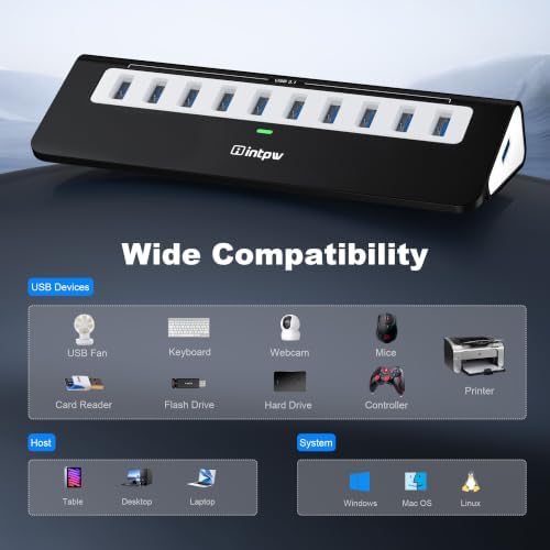 Powered USB Hub, intpw 10 Port USB 3.1 Hub with 10Gbps Data Transfer, 36W(12V/3A) Power Adapter, USB Type A and Type C Cable, Grey USB Hub for Laptop, MacBook and Desktop Computer - Image 5
